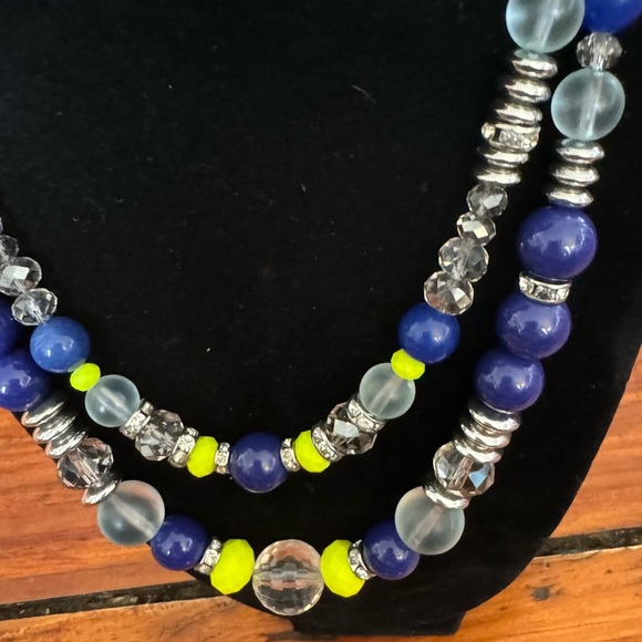 Loft Necklace Yellow Navy & Silver Tone With faceted beads 36” Double Stranded - Picture 2 of 6